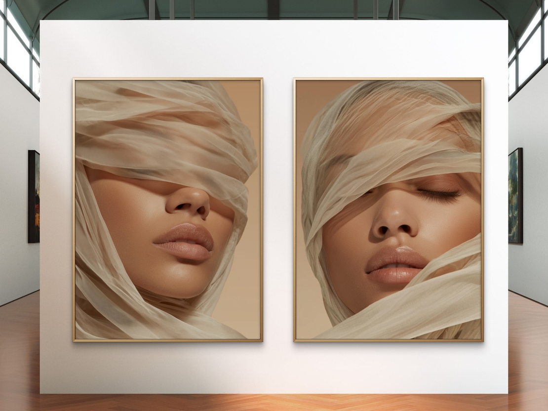 זוג תמונות קנבס של אישה עטופה בבד רך בגווני בז׳ חמים, מתוך קולקציית NEXTGEN BY BAR של תכשיט לבית – עיצוב אמנותי רך ומלא שלווה.