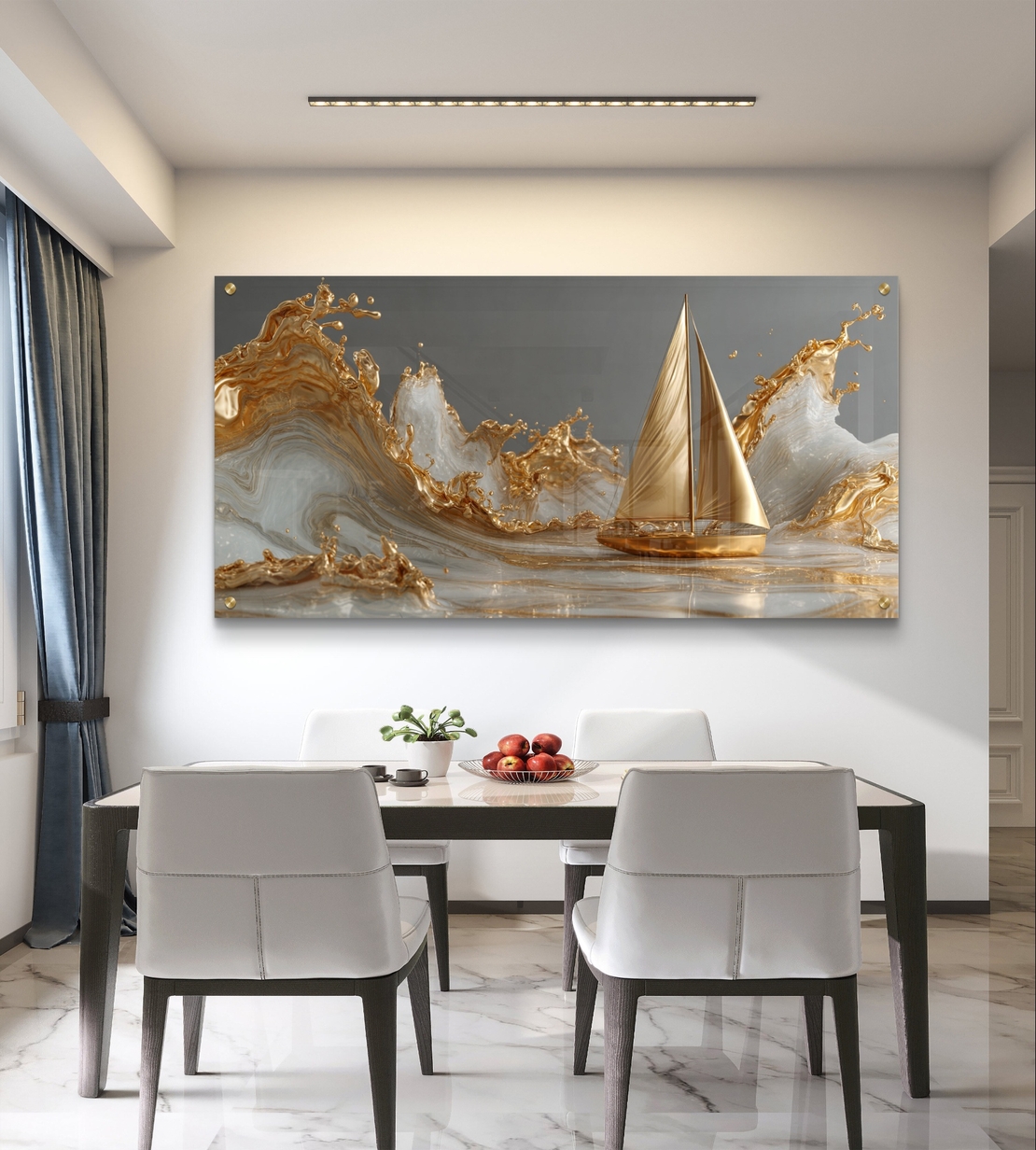 תמונת זכוכית לרוחב עם סירת מפרש מוזהבת החוצה גלים בגווני זהב ואפור בעיצוב יוקרתי לבית