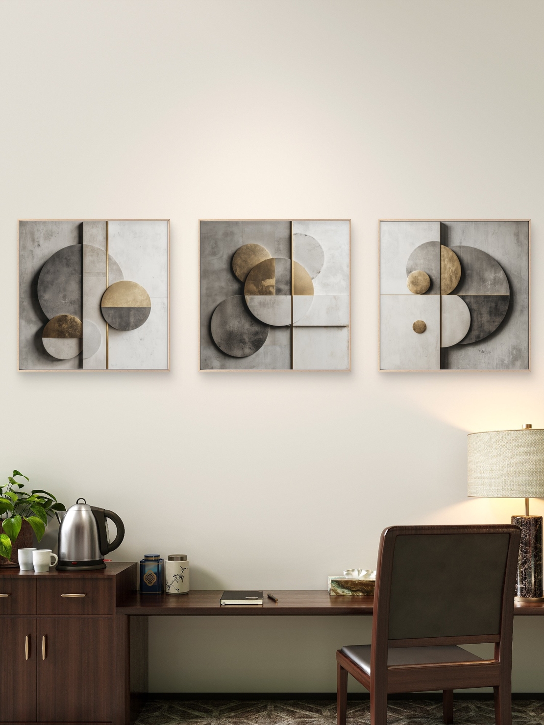 שלישיית תמונות קנבס גאומטריות בגווני אפור וזהב בעיצוב מודרני – מתוך קולקציית NEXTGEN BY BAR של תכשיט לבית.