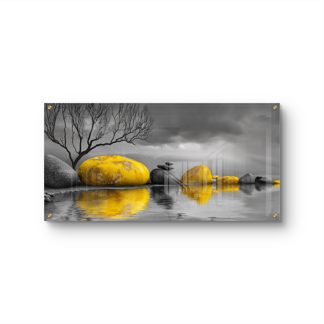 תמונת זכוכית רוחבית של אבנים מוזהבות מעל מים עם רקע אפור דרמטי – תכשיט לבית