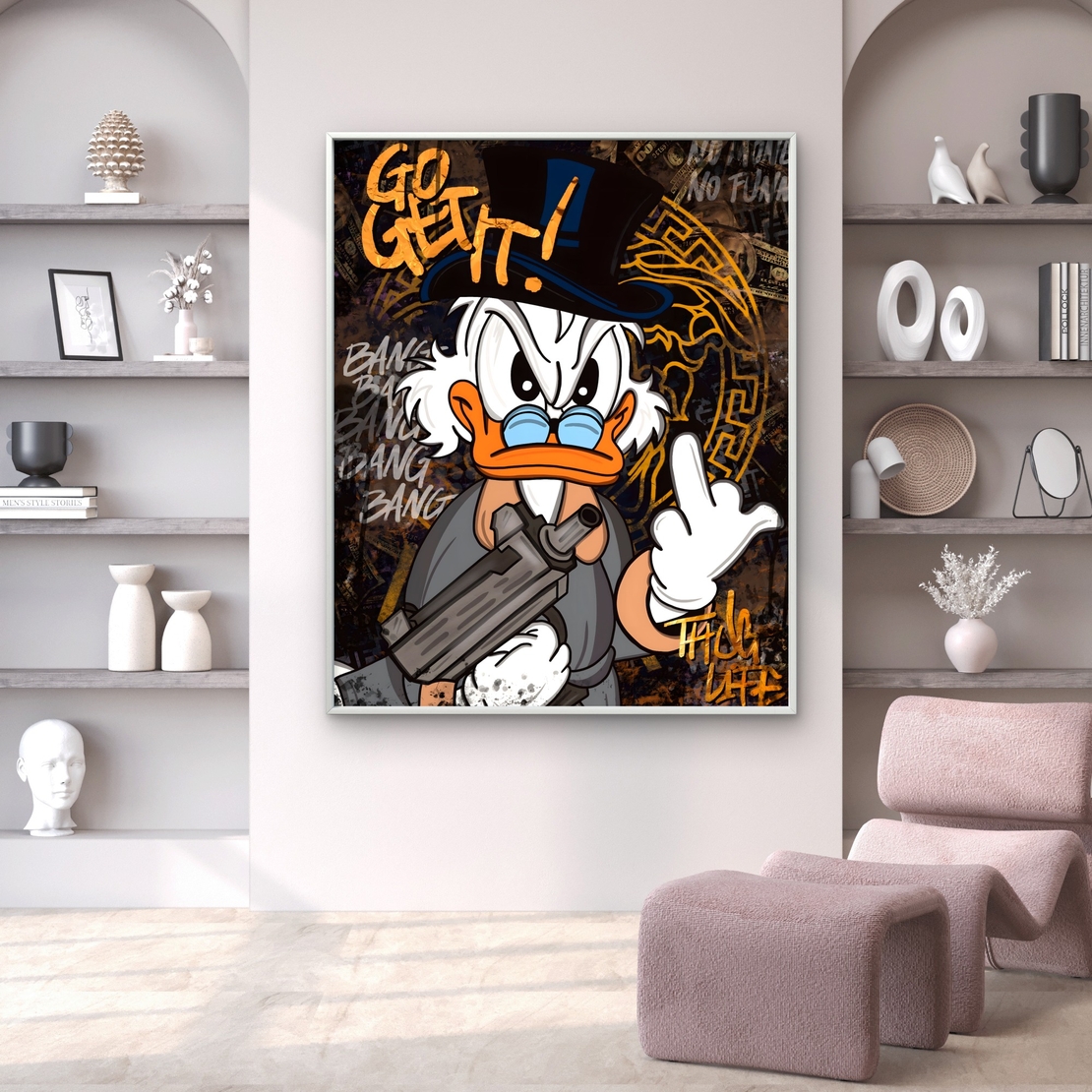 תמונת קנבס בסגנון סטריט-ארט עם דונלד דאק במראה נועז וצבעים עזים מתוך קולקציית תכשיט לבית.