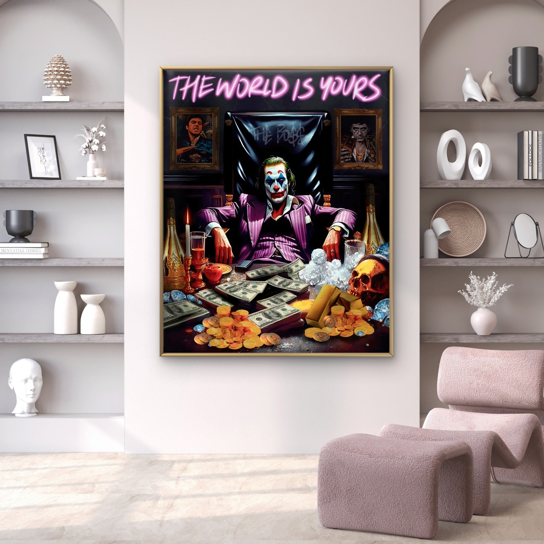 תמונת קנבס, הג'וקר, THE WORLD IS YOURS, אומנות לקיר, תמונות לבית, תמונות לסלון, עיצוב יוקרתי, תמונת פופ ארט, תכשיט לבית, קנבס איכותי, תמונות מעוצ
