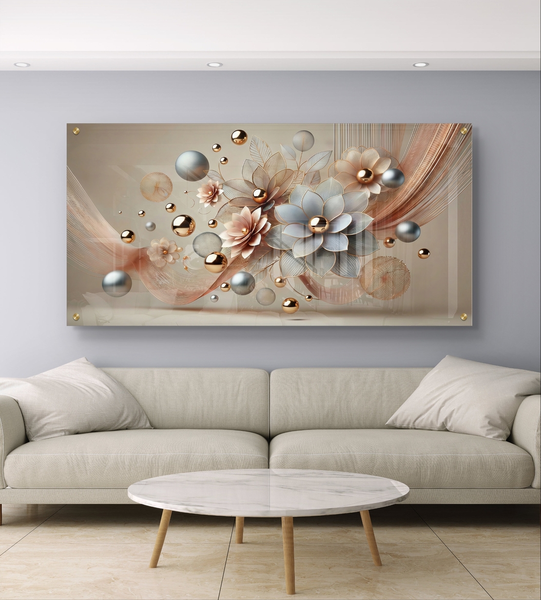 פריחת משי – תמונת זכוכית יוקרתית עם פרחים תלת־מימדיים בגווני שמפניה ורוז גולד | PN2004