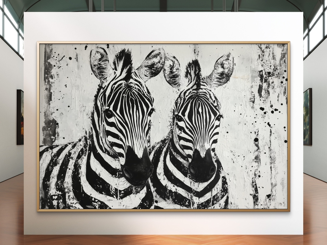 תמונת קנבס אמנותית בשחור-לבן של זוג זברות עם הדפסה חלקה ואיכותית – מתוך קולקציית NEXTGEN BY BAR של תכשיט לבית.