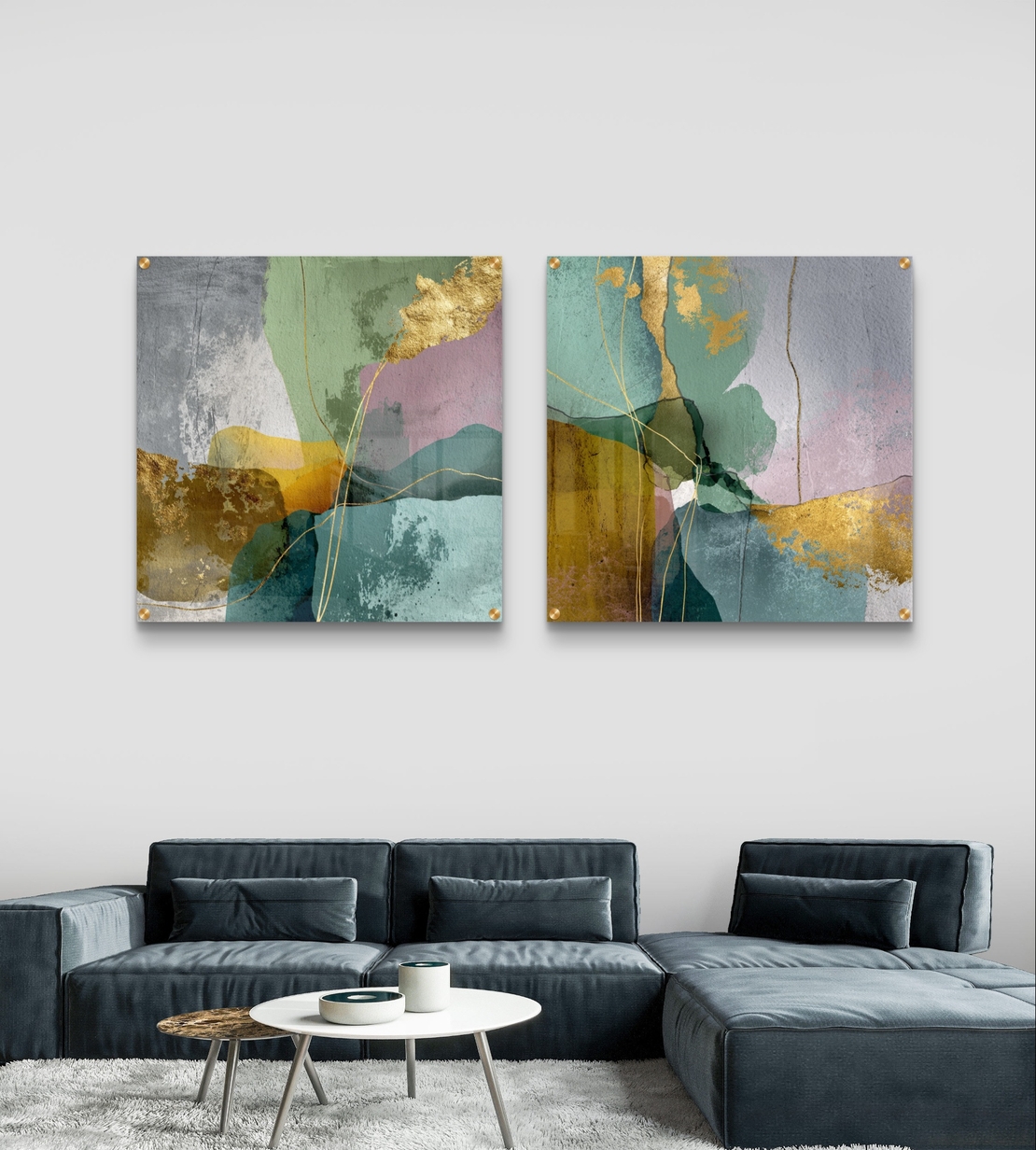 סט תמונות זכוכית מרובעות בגווני ירוק, טורקיז, ורוד וזהב בעיצוב אבסטרקטי – תכשיט לבית