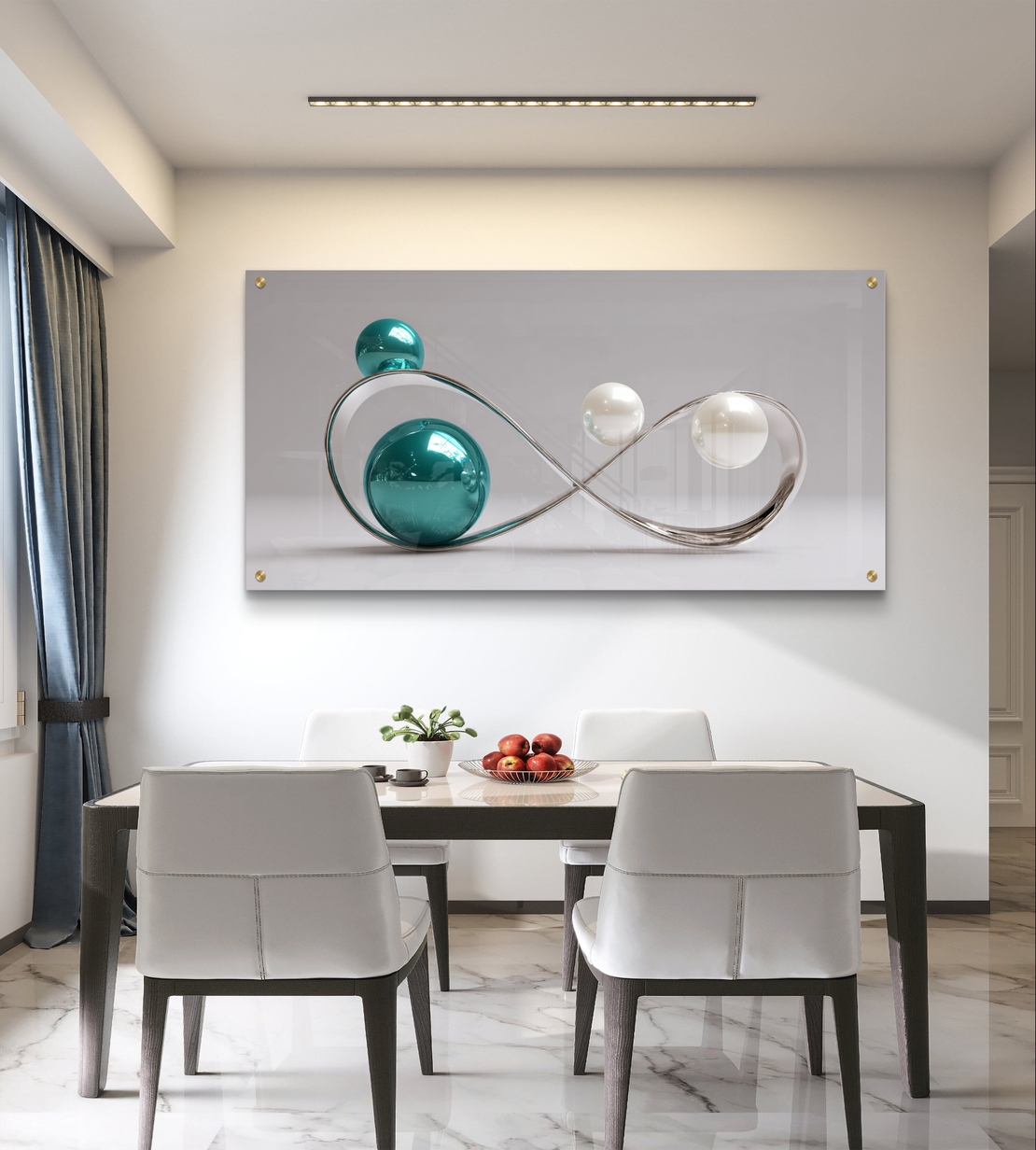 תמונת זכוכית בהדפסה חלקה עם עיצוב אינסוף מתכתי וכדורים מבריקים בגווני טורקיז ולבן, בסגנון מודרני ויוקרתי.