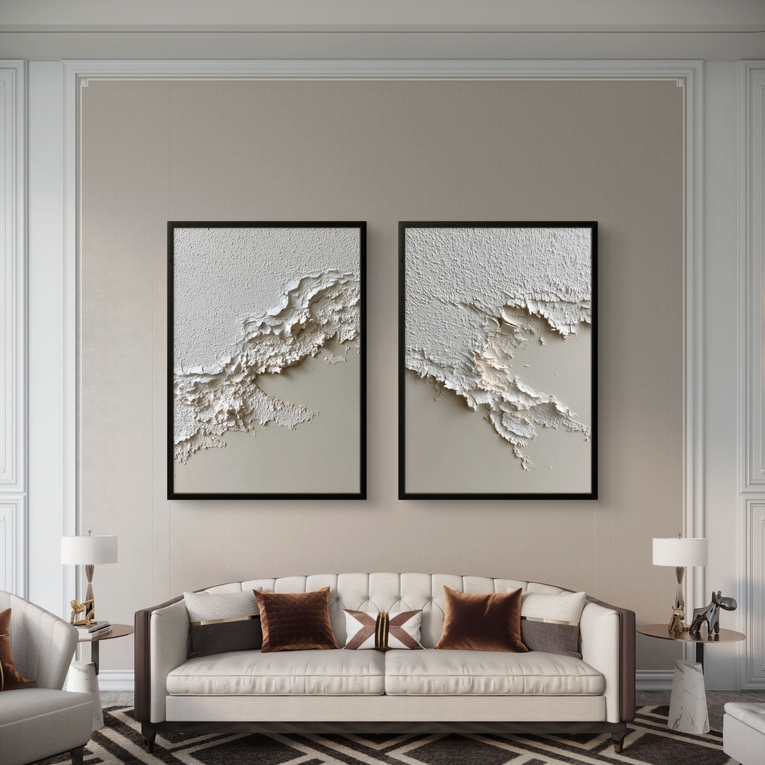 תמונת קנבס זוגית מינימליסטית בגווני לבן ושמנת עם טקסטורה עדינה ומראה רגוע