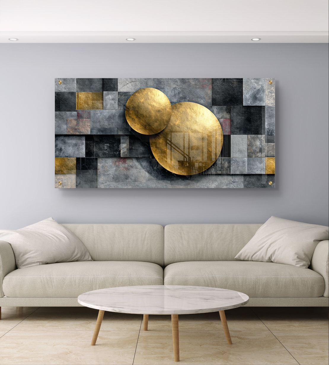 תמונת זכוכית לרוחב בעיצוב אבסטרקטי בגווני אפור עם עיגולים זהובים בסגנון מודרני ויוקרתי