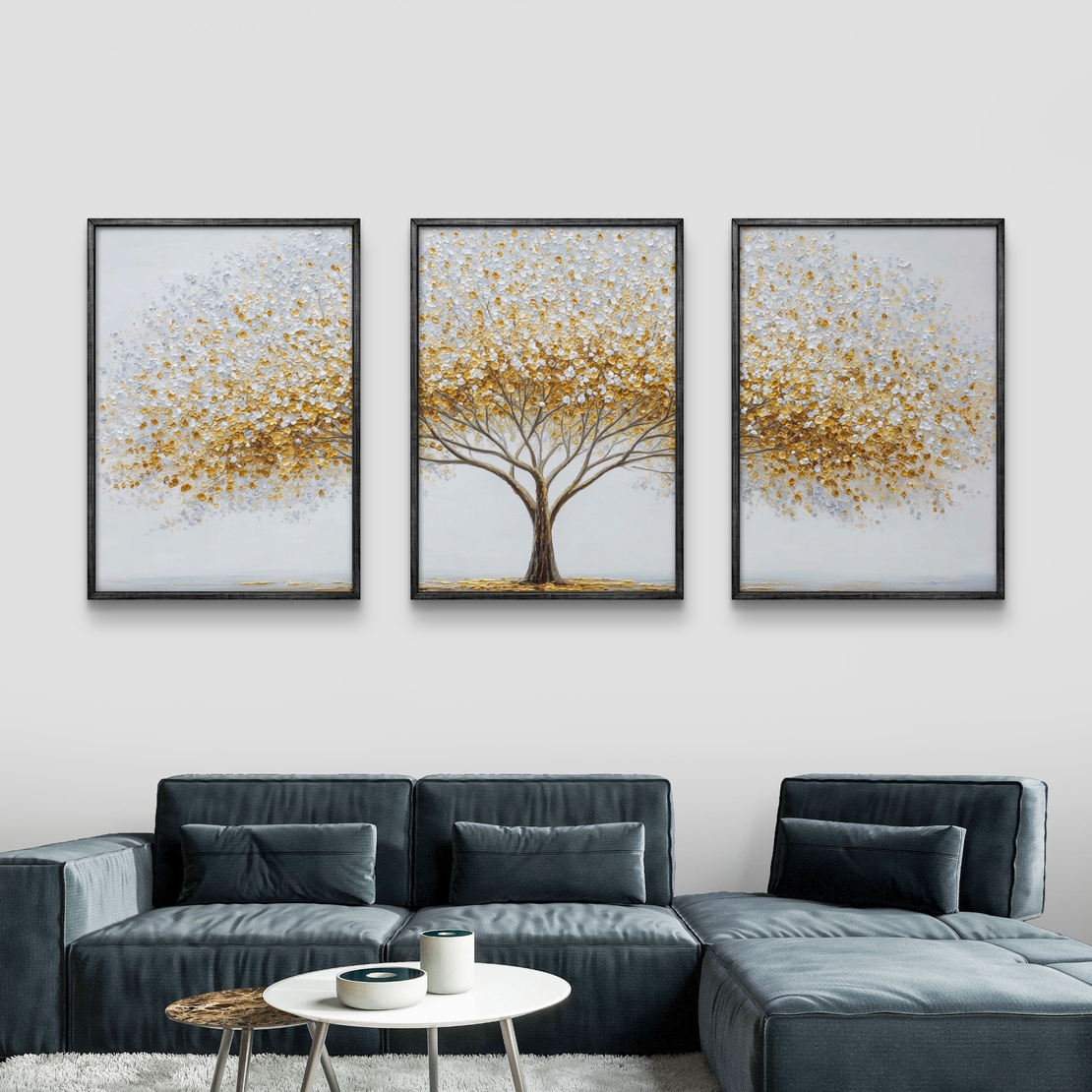 שלישיית קנבס עם עץ ועלים מוזהבים על רקע בהיר – תכשיט לבית