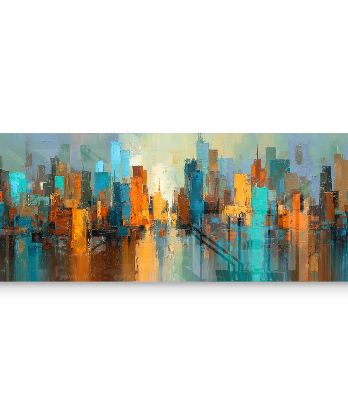 תמונת זכוכית פנורמית אבסטרקטית עם קו־רקיע עירוני בגווני טורקיז, כתום וזהב בעיצוב מודרני ודינמי לקיר הבית