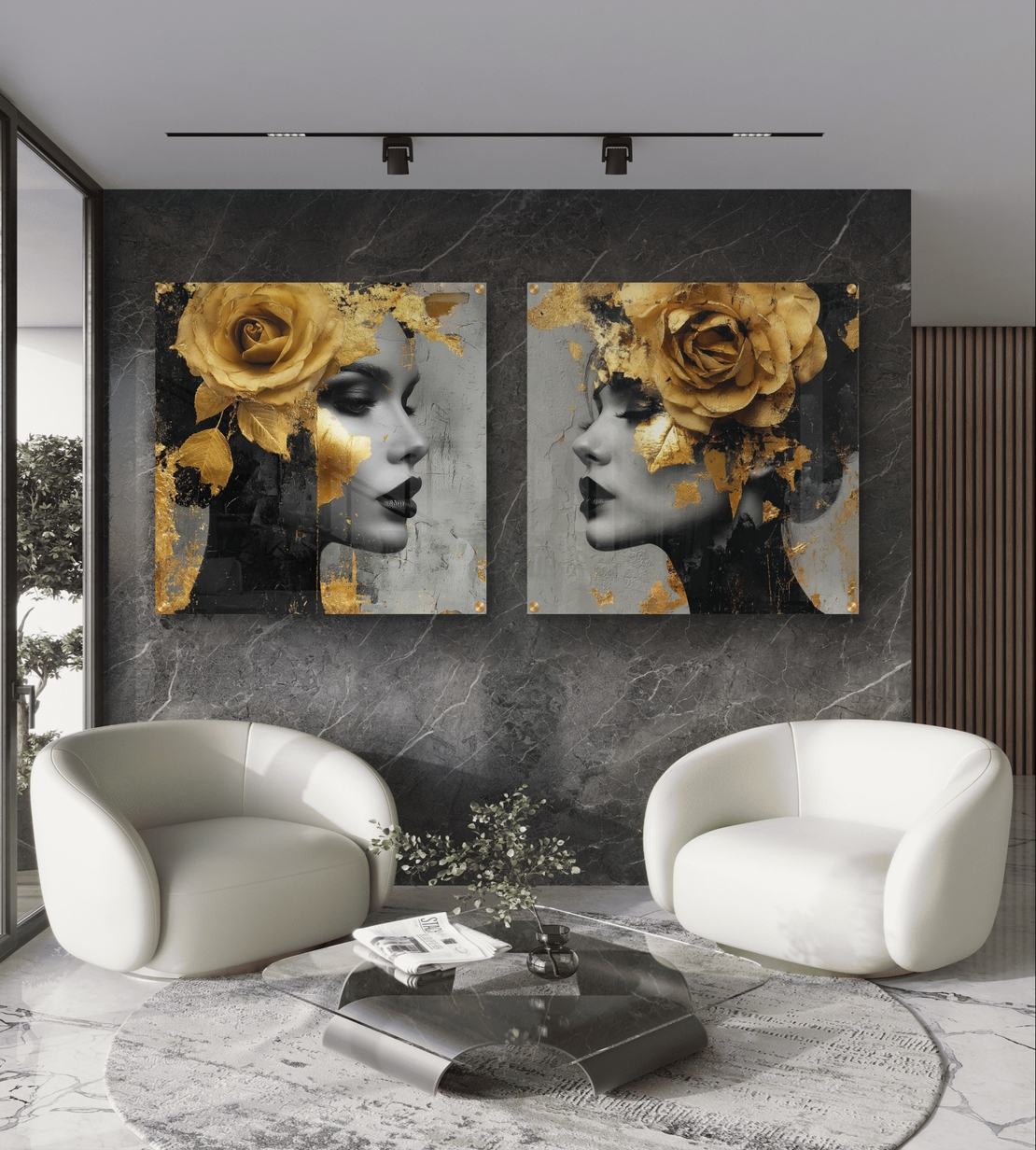 סט תמונות זכוכית מרובעות עם דמויות נשיות בשחור־לבן ואלמנטים מוזהבים – תכשיט לבית