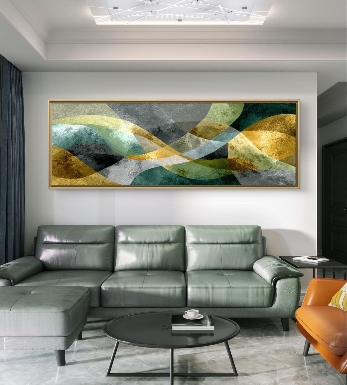 גלי זית – תמונת קנבס אבסטרקטית עם קווים זורמים בגווני ירוק, אפור וזהב | CL6001