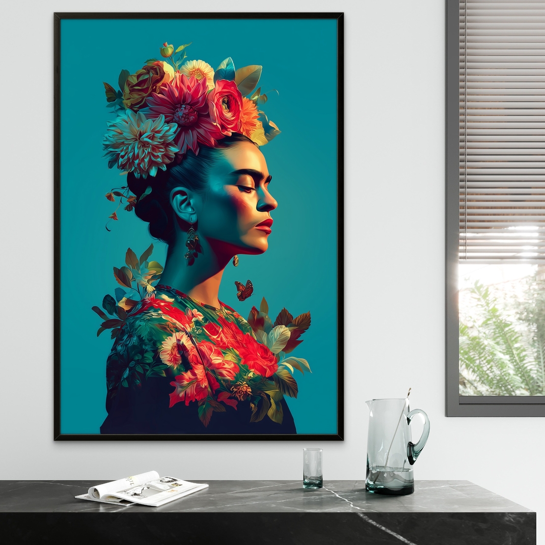 תמונת קנבס של פרידה קאלו בפרופיל אומנותי עם פרחים צבעוניים על רקע כחול, מתוך קולקציית NEXTGEN BY BAR מבית תכשיט לבית.