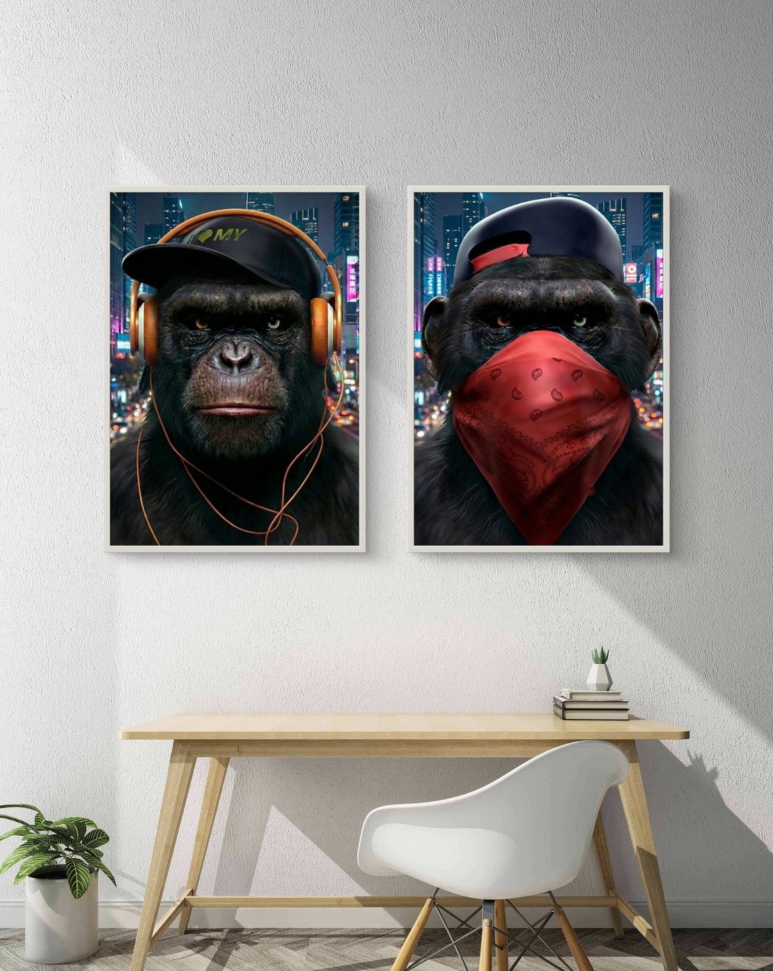 תמונת קנבס זוגית בסגנון אורבני של דמויות קופים עם אוזניות וכיסוי פנים, מסר של עוצמה, זהות וחופש