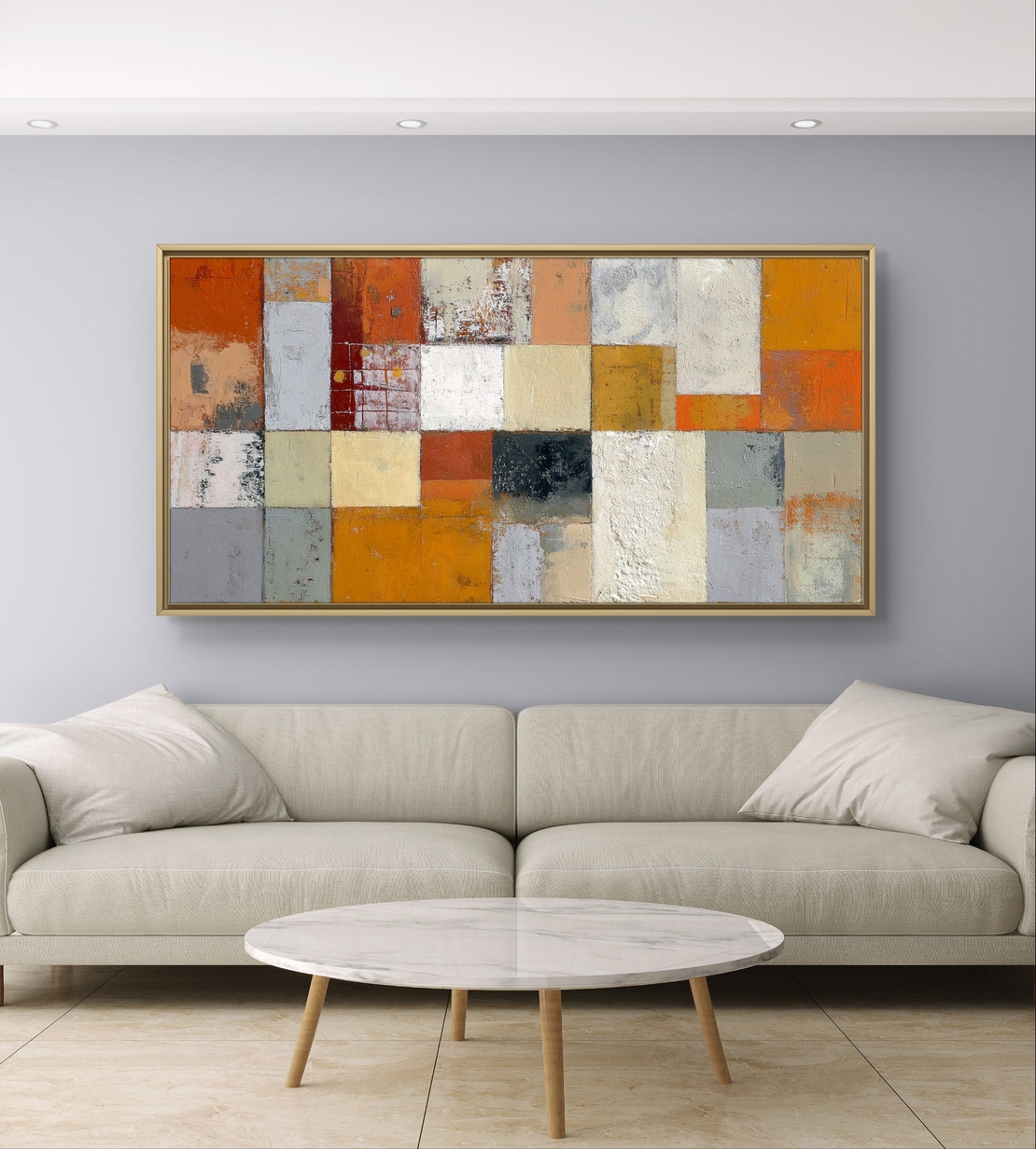 תמונת קנבס בסגנון פסיפס מופשט בגווני כתום, שמנת ואפור, בהדפסה חלקה ללא תבליט מקולקציית תכשיט לבית.