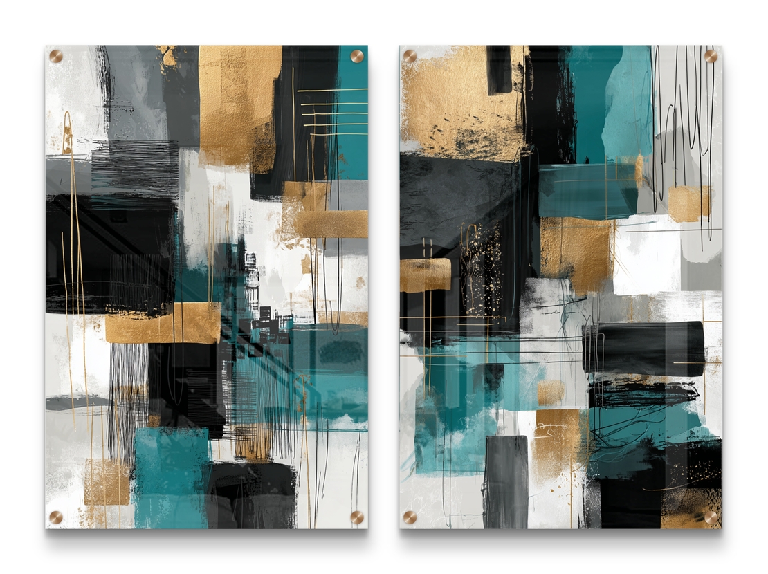 תמונת זכוכית זוגית אבסטרקטית בגווני טורקיז שחור וזהב בהדפסה חלקה מודרנית