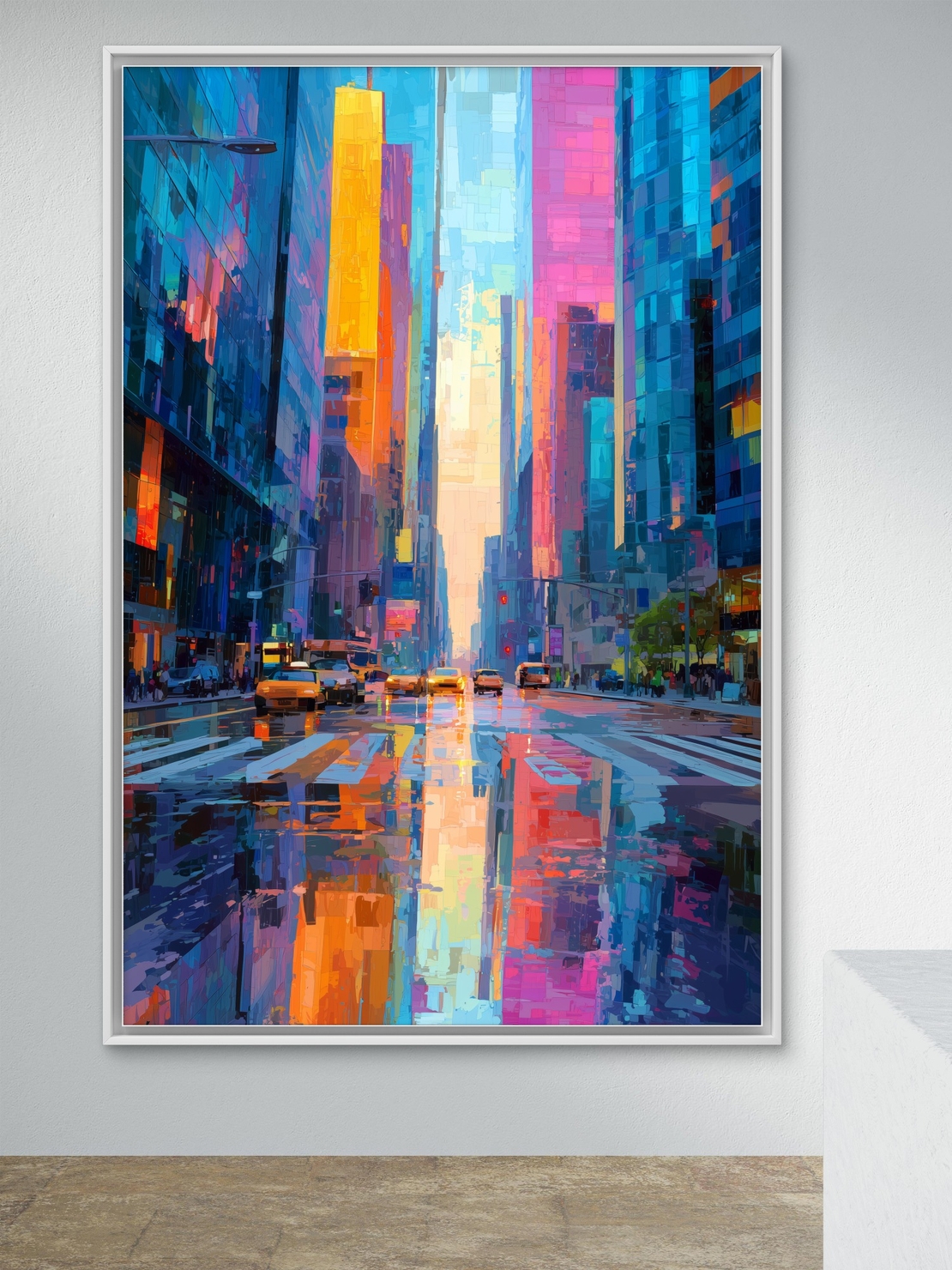 תמונת קנבס של רחוב עירוני צבעוני עם גורדי שחקים והשתקפות אורות על כביש רטוב – NEXTGEN BY BAR