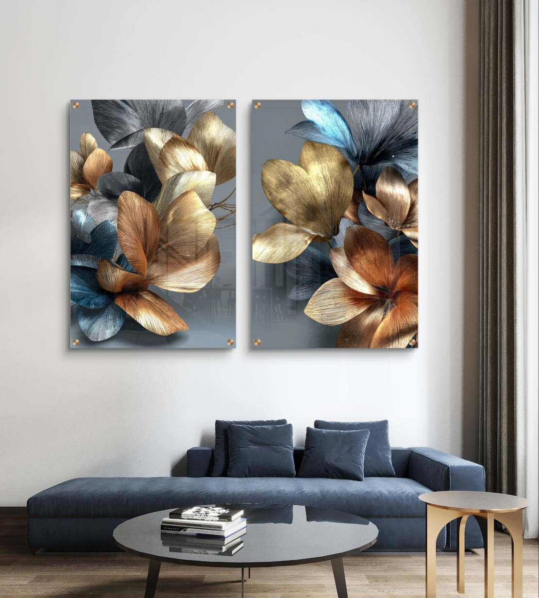 תמונת זכוכית זוגית עם פרחים אבסטרקטיים בגווני זהב, ברונזה וכחול עמוק, הדפסה חלקה ללא תבליט בעיצוב יוקרתי