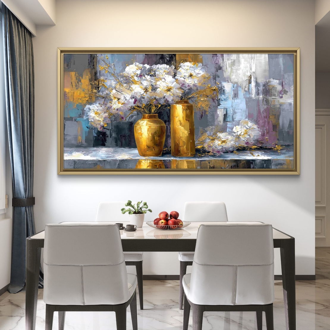 תמונת קנבס Golden Bloom – אגרטלי זהב עם פרחים לבנים על רקע מופשט יוקרתי