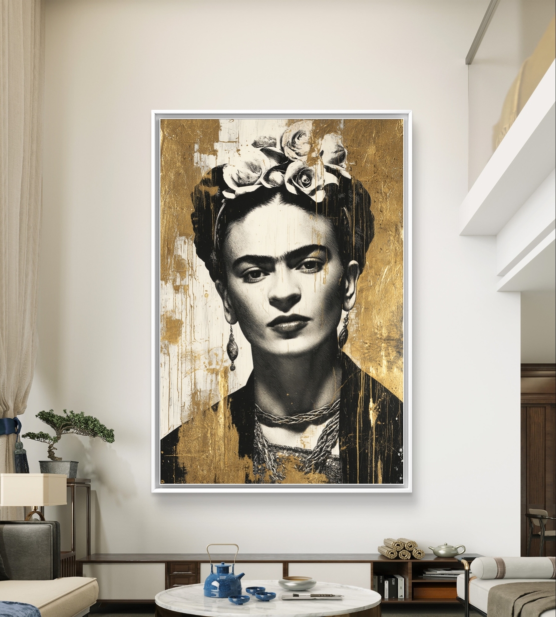 דיוקן זהב פרידה קאלו מונוכרומטי – תמונת קנבס אישה בשחור לבן וזהב | DC4472