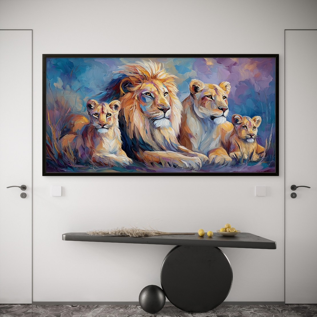 תמונת קנבס צבעונית של משפחת אריות – יצירה אמנותית בעיצוב מודרני מתוך קולקציית NEXTGEN BY BAR של תכשיט לבית.