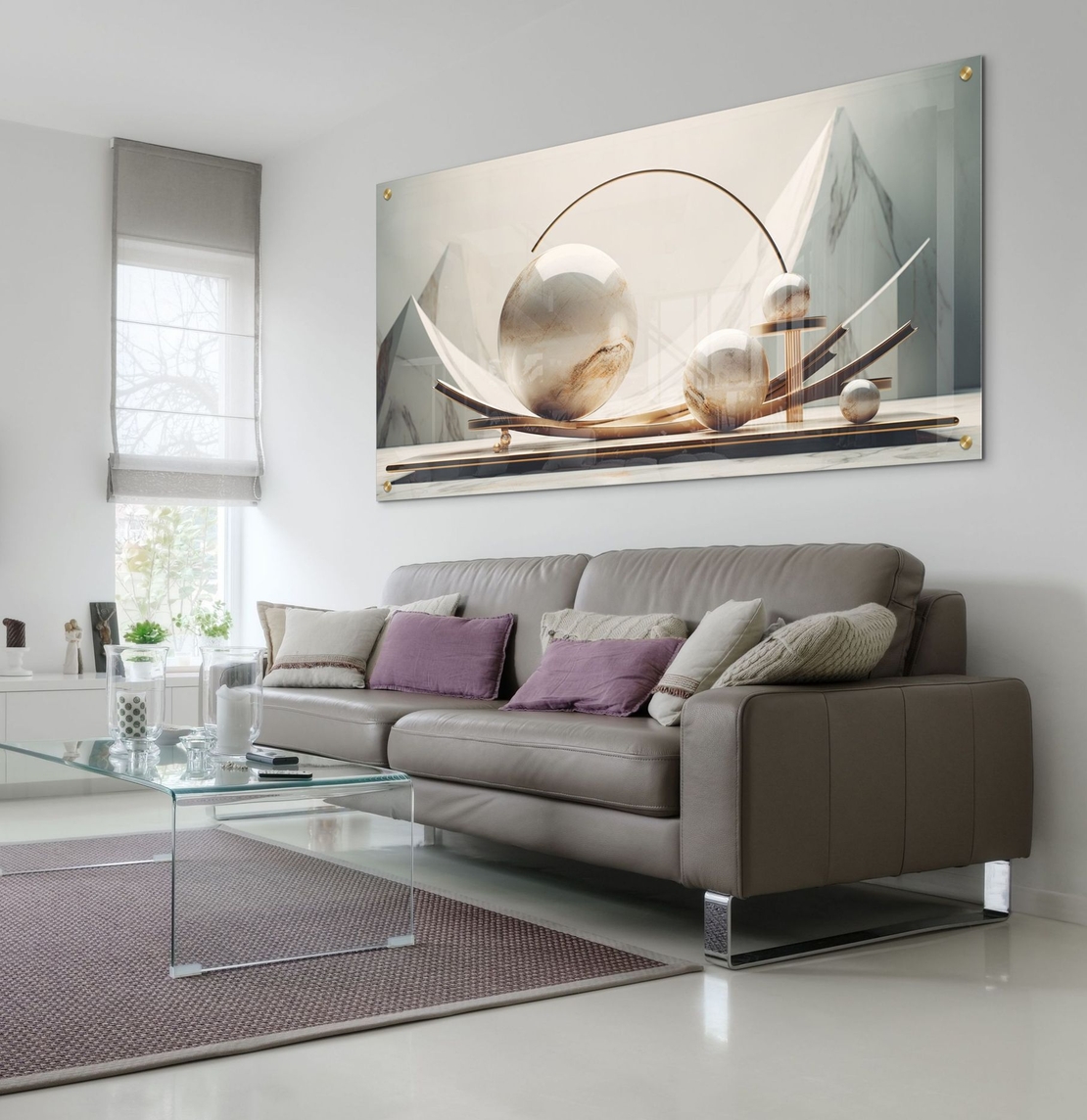 שיווי משקל שיש – תמונת זכוכית יוקרתית עם כדורי שיש ועיצוב גיאומטרי | GP1393