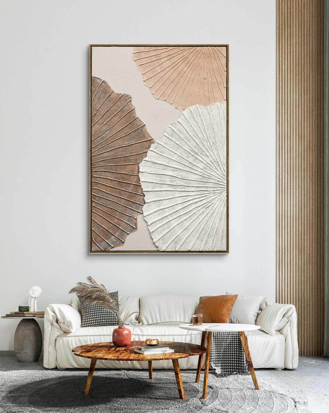 תמונה אבסטרקטית עם תאורת LED ושלט רחוק – עלים מרקמיים בגווני חול דגם LEDA1001--מידה 120-80