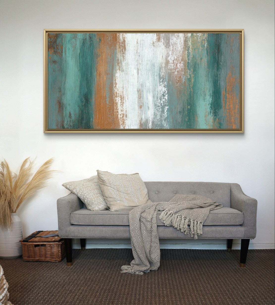 תמונת קנבס אבסטרקט טקסטורה עם פסים אנכיים בטורקיז וחום חלודה על רקע לבן