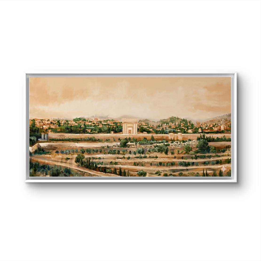 תמונת קנבס לרוחב עם נוף ירושלים ושער סמלי בגווני זהב וטבע, הדפסה חלקה מבית תכשיט לבית