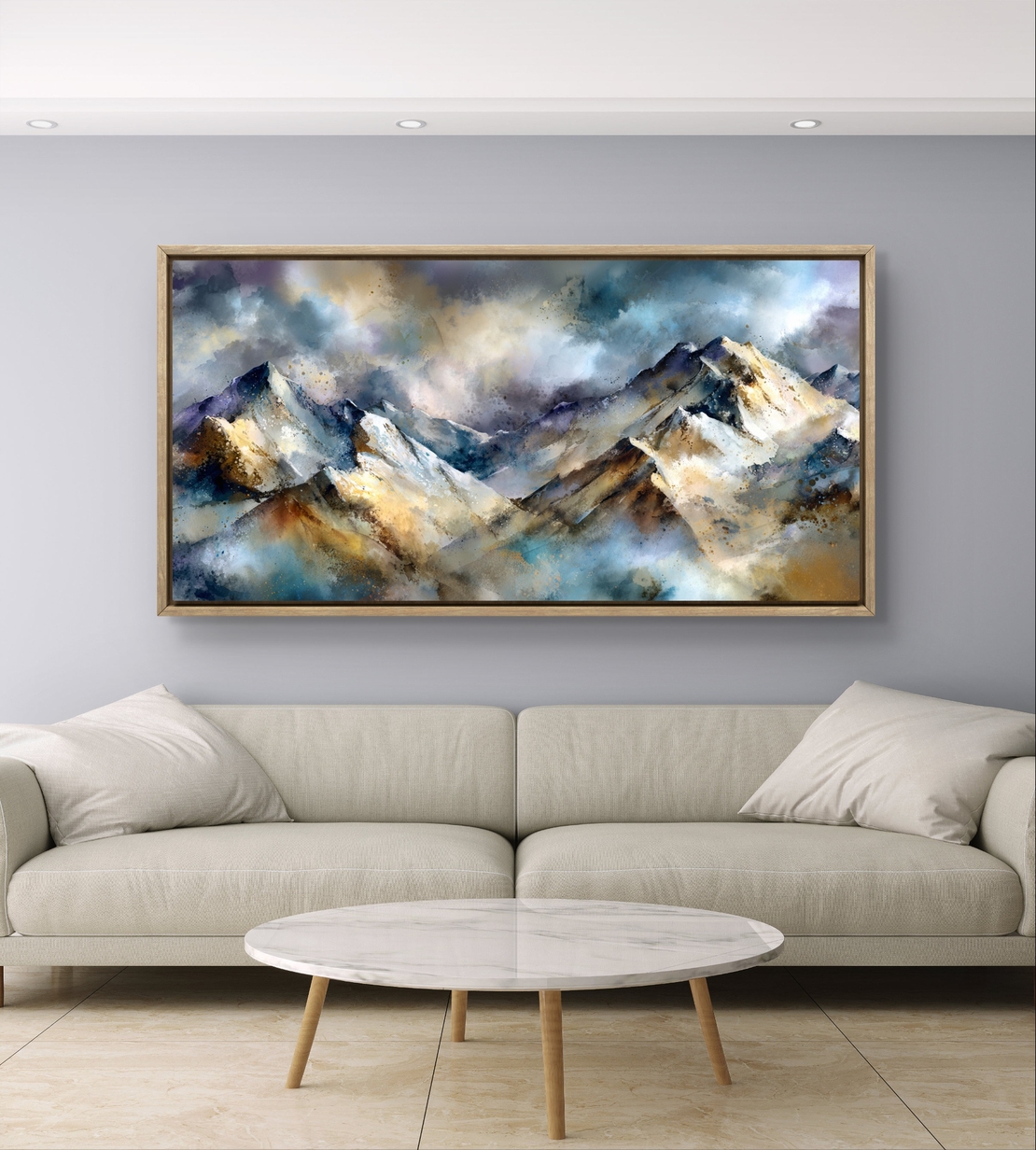 תמונת קנבס נוף הרים אמנותי בגווני כחול זהב ואפור – תכשיט לבית
