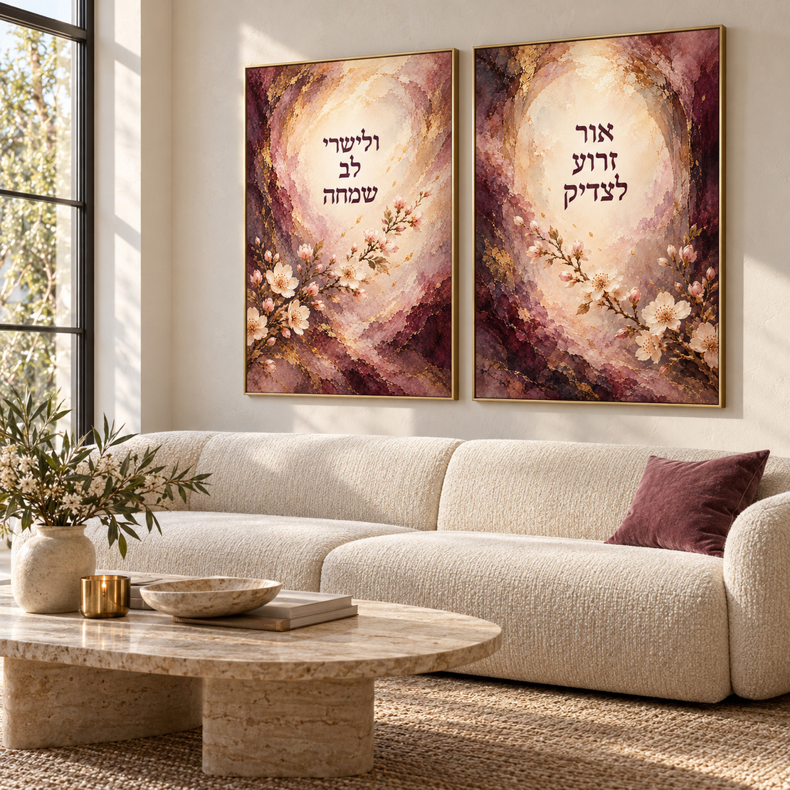 זוג תמונות קנבס אור זרוע לצדיק עם פריחת שקד | דגם RB2981