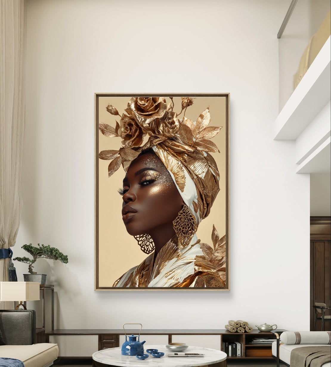 מלכת הזהב – תמונת קנבס פורטרט יוקרתי בזהב, שמנת וחום עמוק | CY1212
