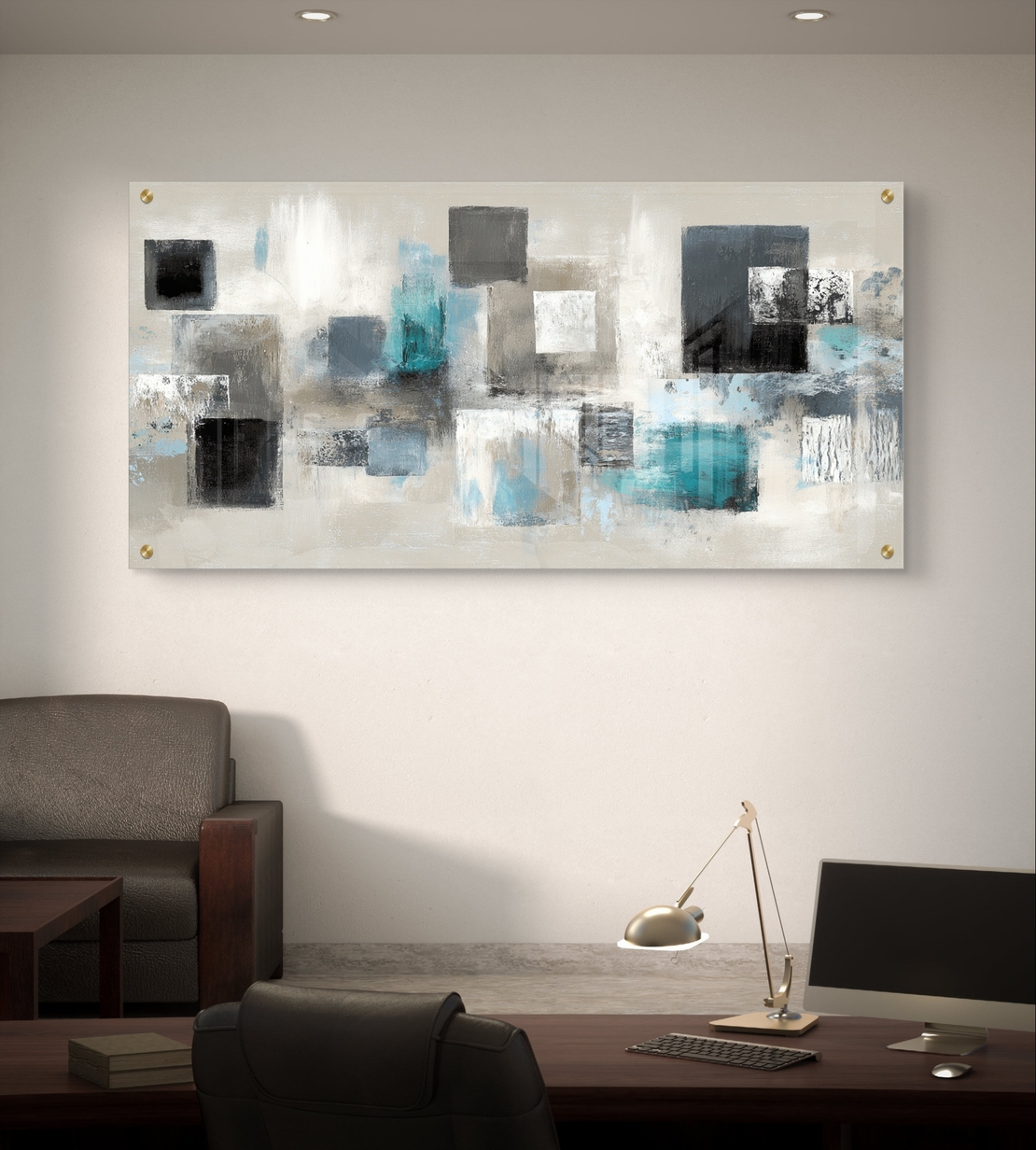 תמונת זכוכית לרוחב עם ריבועים אבסטרקטיים בגווני שחור, אפור וטורקיז על רקע בהיר – תכשיט לבית