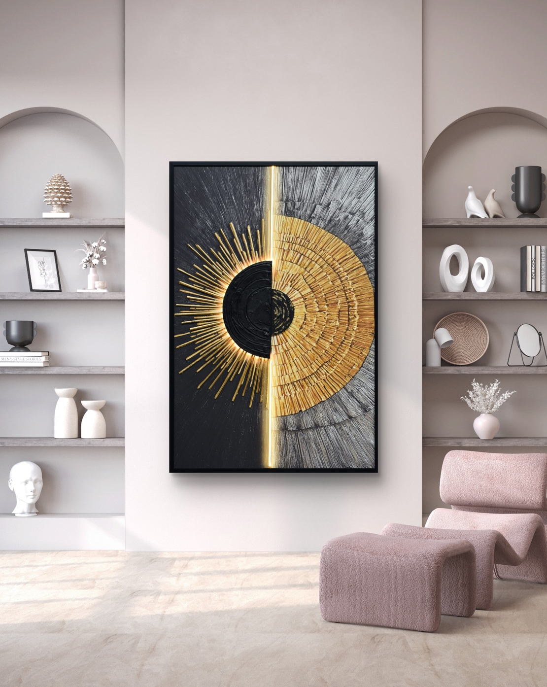 תמונת שמש אבסטרקטית שחור זהב מוארת עם שלט רחוק וסוללות – אמנות LED דגם LED1009-מידה 123*83 ס