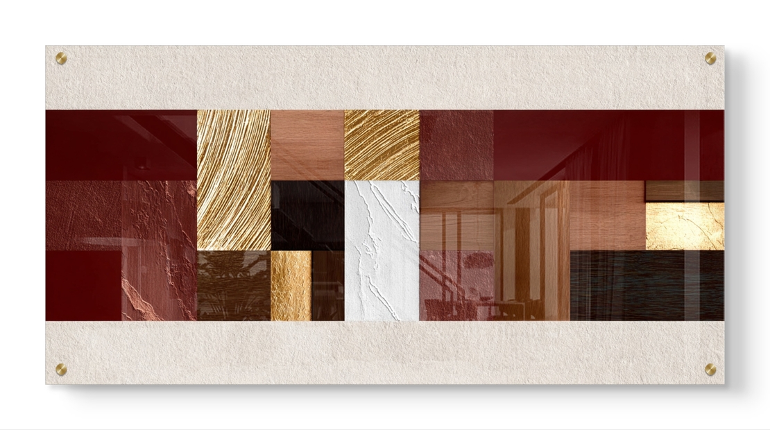 תמונת זכוכית לרוחב בעיצוב אבסטרקטי גאומטרי בגווני בורדו, חום וזהב עם הדפסה חלקה ומראה יוקרתי