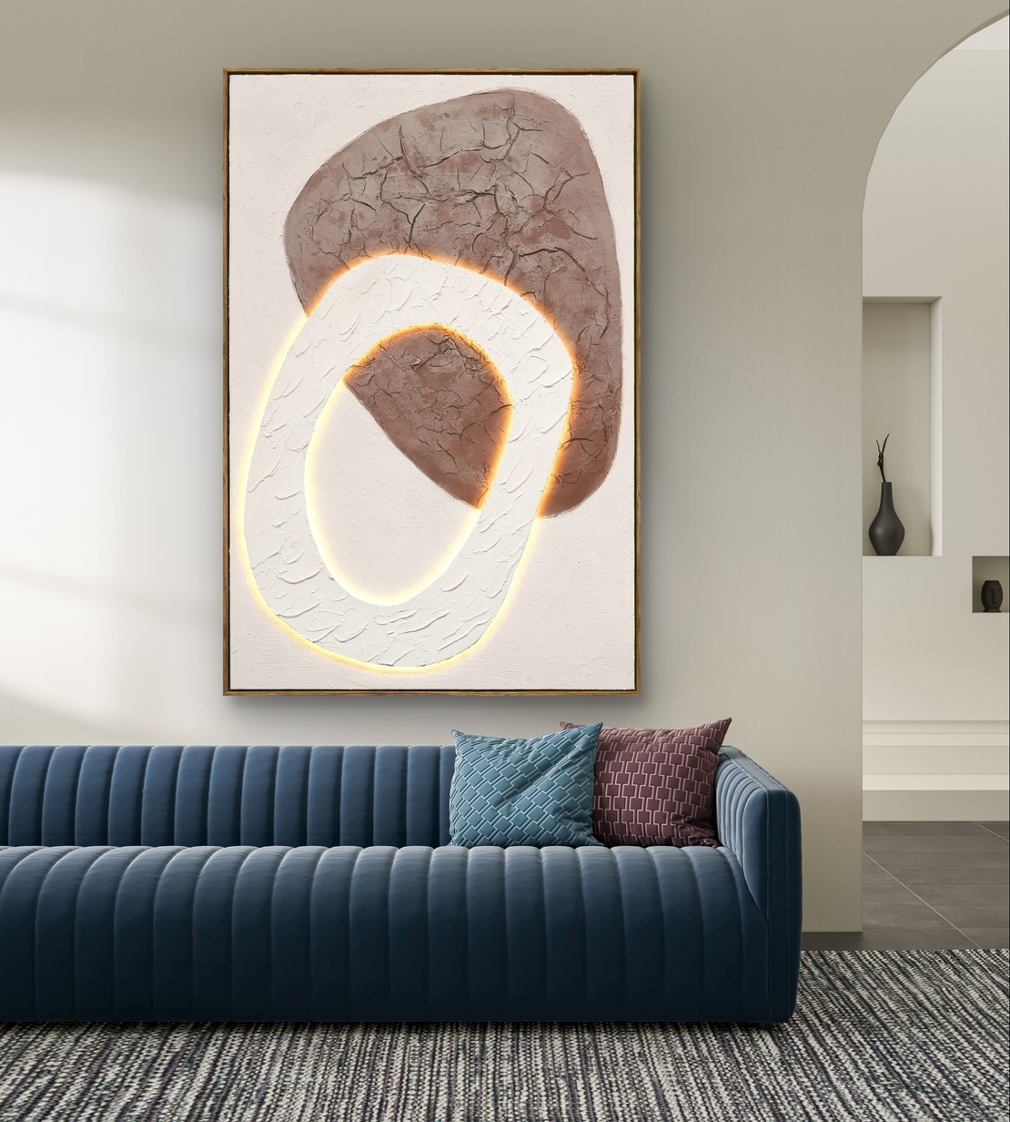 תמונת LED עבודת יד אבסטרקטית בגווני לבן וחום – מופעלת על סוללות עם שלט רחוק - מידה 83-123 ס