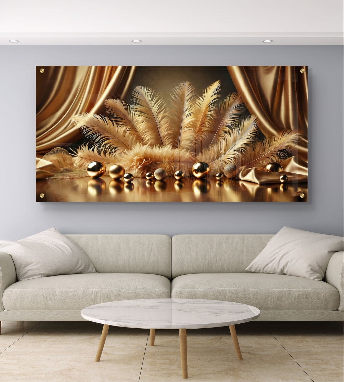 קטיפה מוזהבת – תמונת זכוכית יוקרתית עם נוצות זהב ווילונות דרמטיים | PN2503