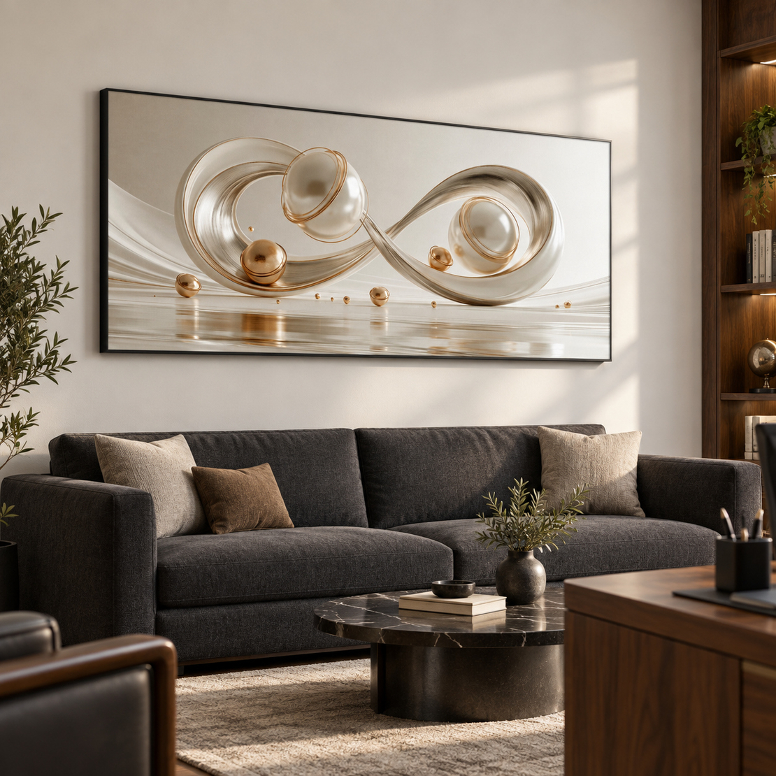 תמונת קנבס אבסטרקטית לולאות זהב ושמנת | דגם KR3902