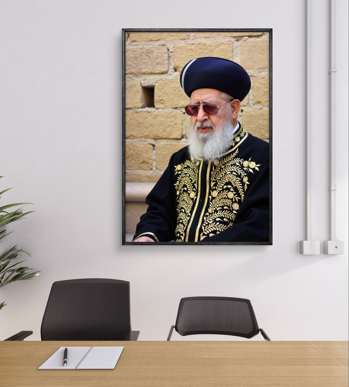 תמונת קנבס אנכית של רב יהודי בלבוש מסורתי שחור וזהב, תלויה מעל שולחן אוכל בעיצוב קלאסי.