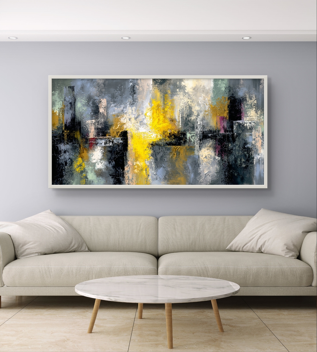 תמונת קנבס אבסטרקט עירוני – כתמי זהב וצהוב על רקע אפור ושחור | CJ6533
