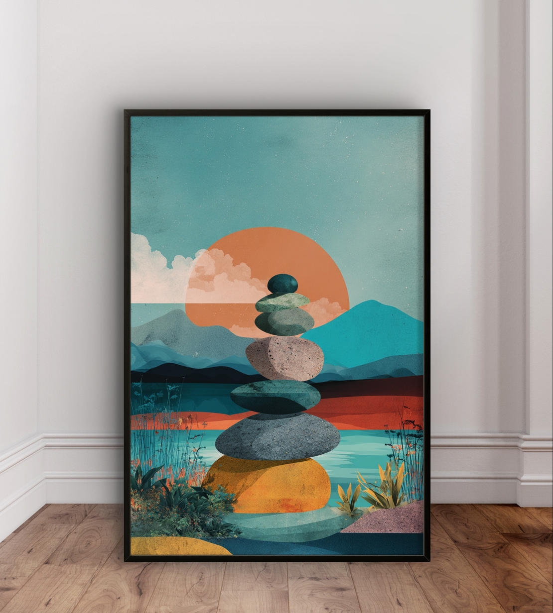 איזון שקיעה – תמונת קנבס אבני זן מול נוף שקיעה צבעוני | CT2222