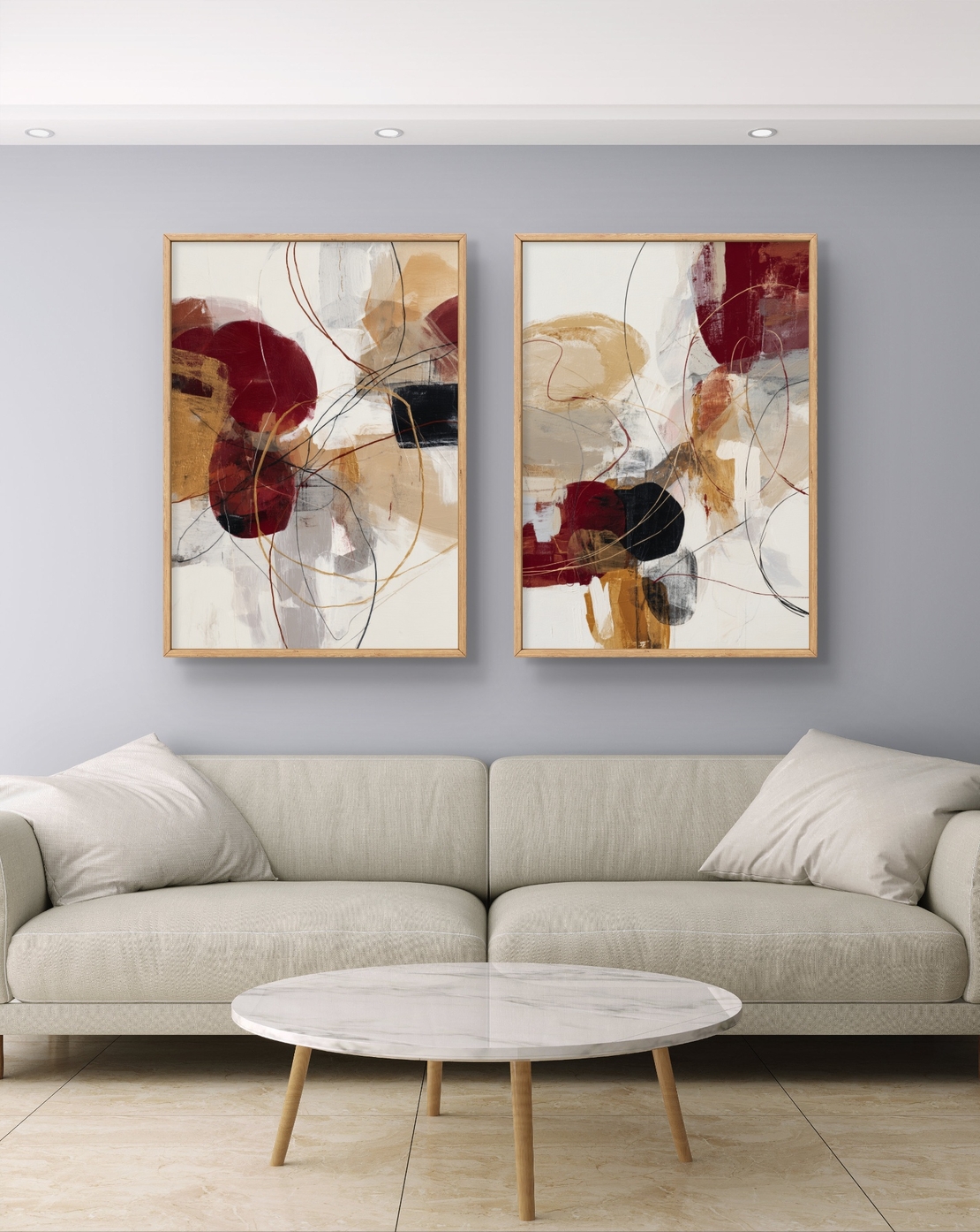 סט תמונות קנבס זוגיות אבסטרקטיות בגווני בורדו, זהב ושמנת עם קווים דינמיים ועיצוב מודרני