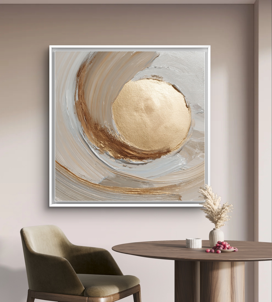 תמונת קנבס מרובעת אבסטרקטית בגווני שמנת עם אלמנט עגול זהוב במרכז, הדפסה חלקה ללא תבליט