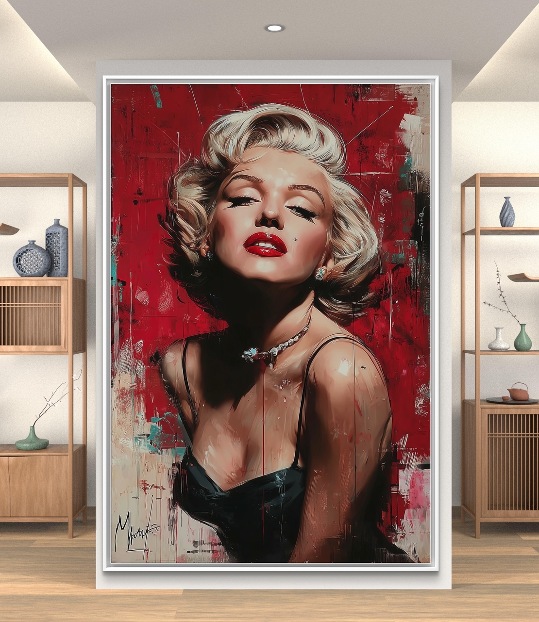 תמונת קנבס אישה אייקונית עם שפתיים אדומות ורקע אדום