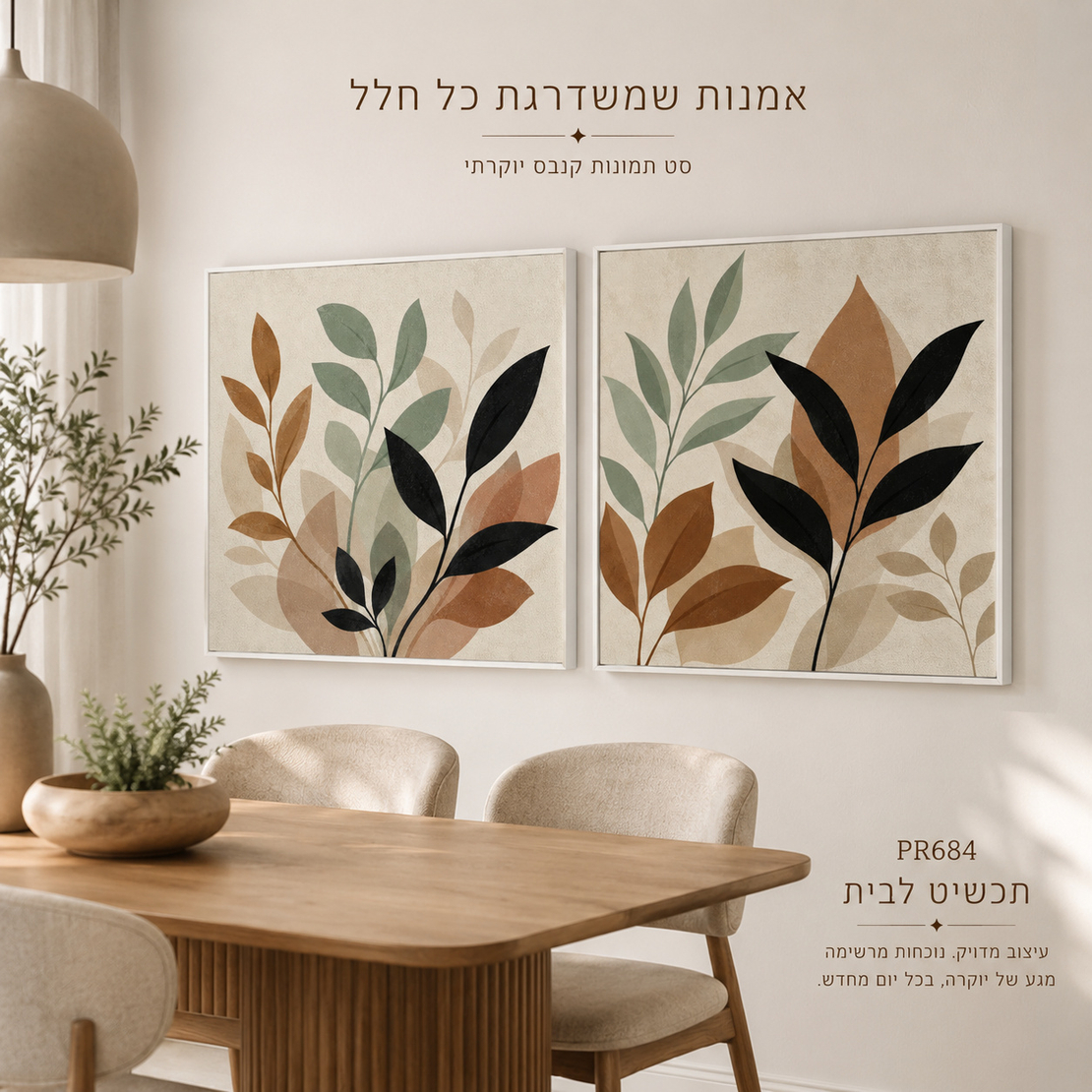 זוג תמונות קנבס פרימיום עלים בוטניים חום-ירוק-שחור מרובע