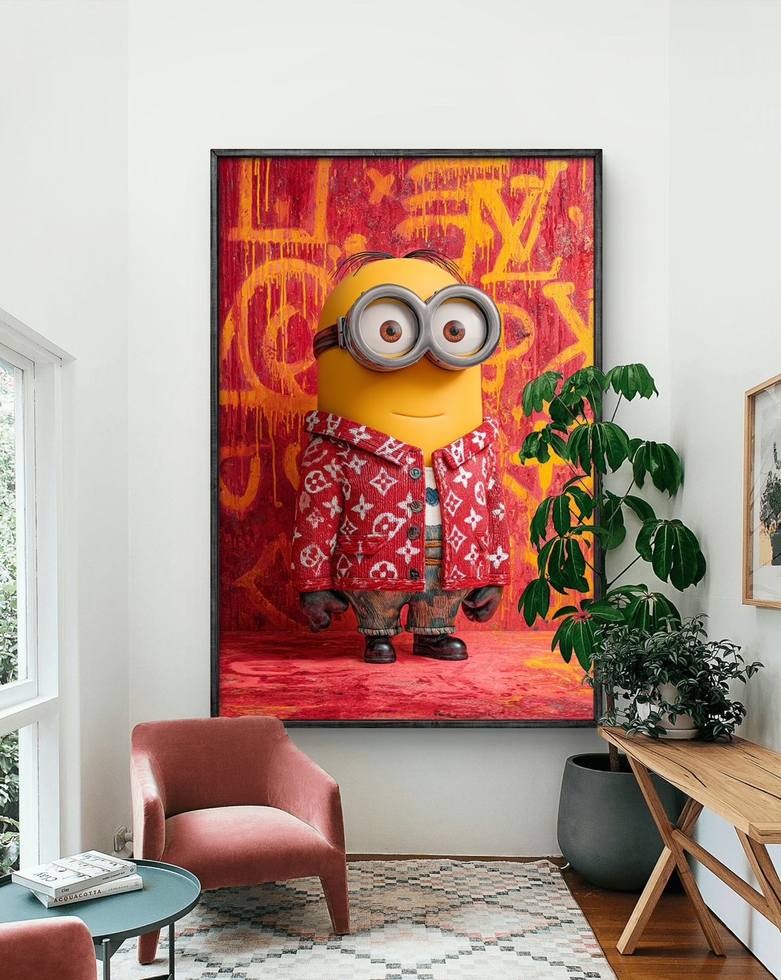 תמונת קנבס צבעונית עם דמות מצוירת בסגנון גרפיטי ואופנה אורבנית על רקע אדום