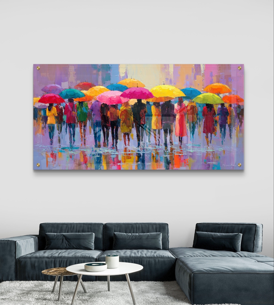 גשם של צבע – תמונת זכוכית אורבנית עם מטריות צבעוניות והשתקפויות | GP1392