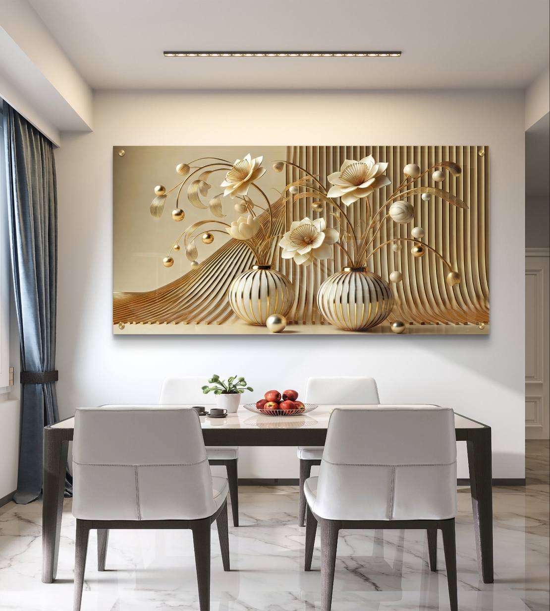 פריחת אור זהובה – תמונת זכוכית יוקרתית עם פרחים לבנים, אגרטלים זהובים וקווים זורמים |PN2501