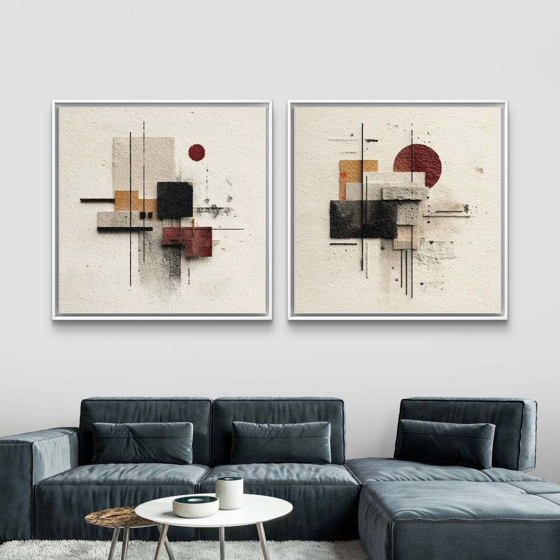 זוג תמונות קנבס גיאומטריות בגווני שמנת, שחור ובורדו – דגם SB6301