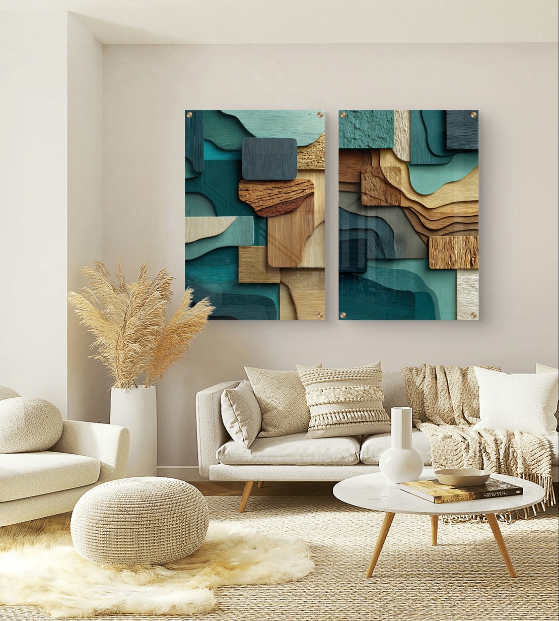 תמונת זכוכית זוגית בעיצוב אבסטרקטי עם שכבות גאומטריות בגווני ירוק, עץ וחומים, מודפסת בהדפסה חלקה ומודרנית